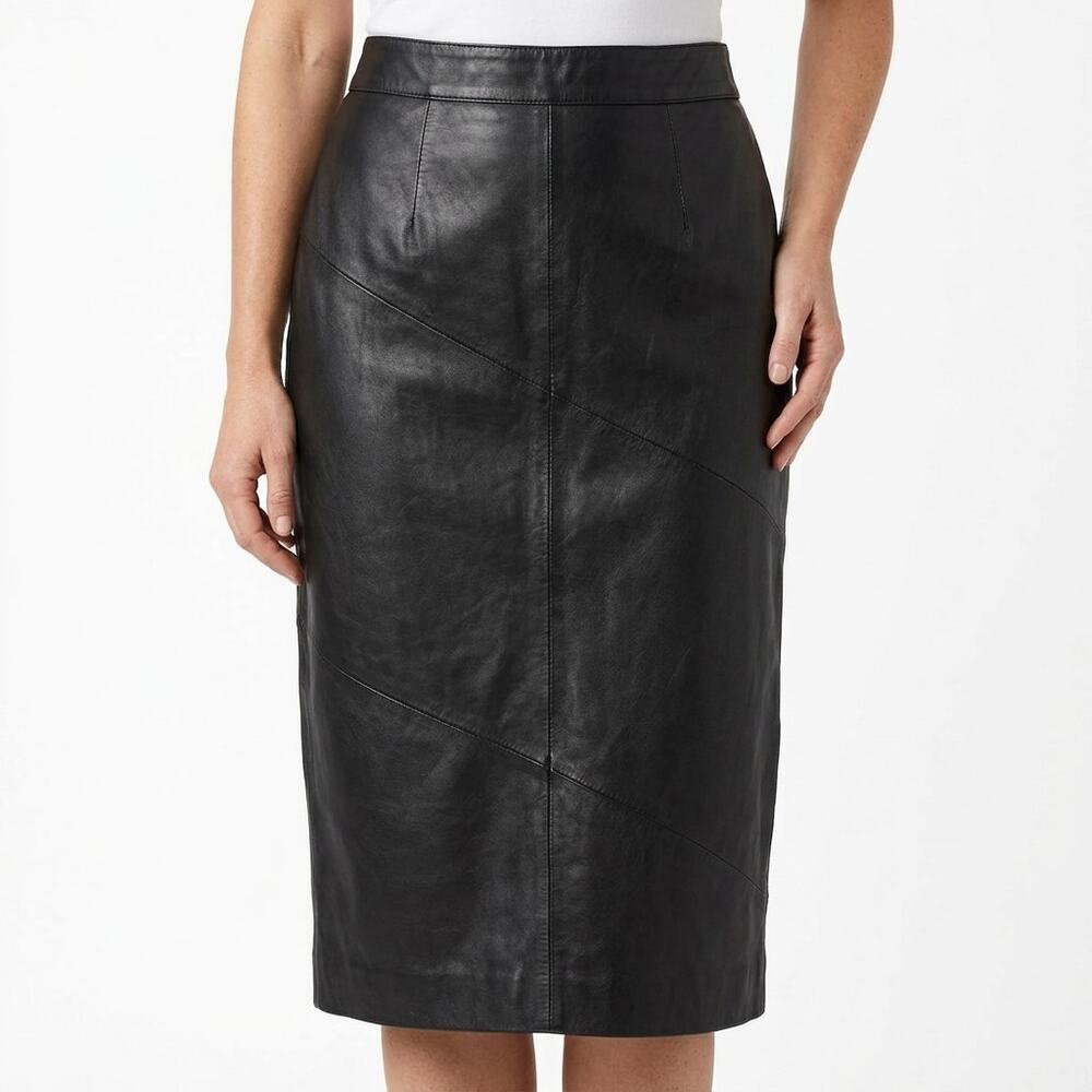 Chia 100% Leather Black Pencil Midi Lined Casual Skirt Women Size 8